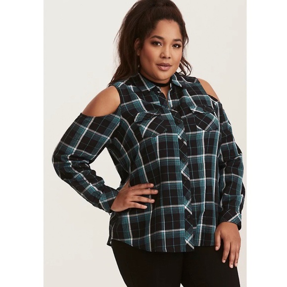 torrid Tops - Torrid Black/Teal Cold Shoulder Flannel Top
